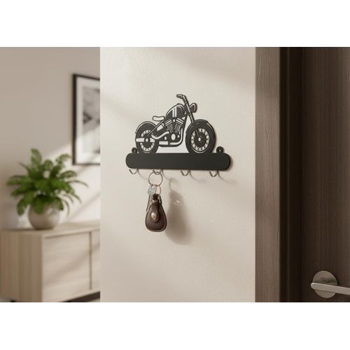 HFR Artech Decorative MDF Wall Key Hanger Classic Motorcycle Design with 4 Metal Hooks 25x15cm Easy and Quick Installation with Strong Double Face Adhesive No Nails No Cracking 1 Piece Black