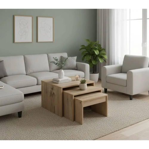 Shipboard Wood Overlapping Table Set, 3 Pieces - White Brown