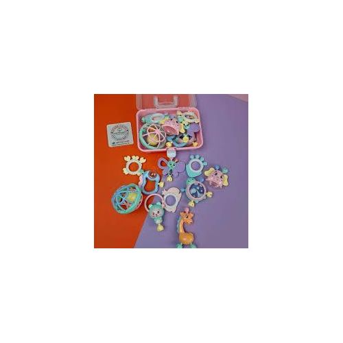 Baby rattle and teether toy set in various shapes and colors with storage bag