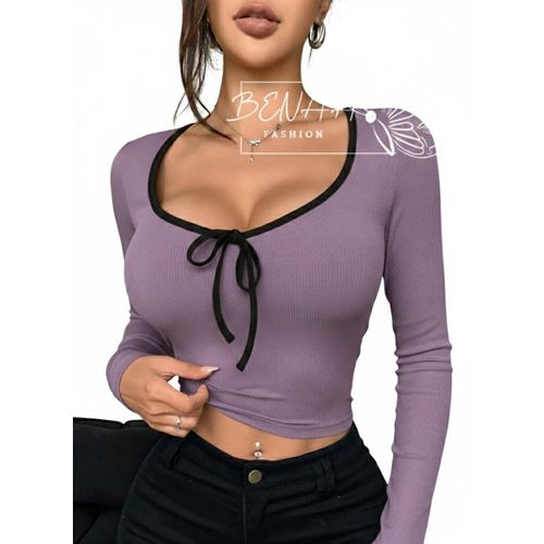 Women's Ribbed Cotton Crew Neck Bow long Sleeve T-Shirt - lavender- with black stripe