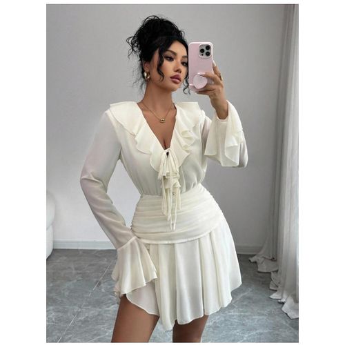 Women's V-Neck Long Sleeve Ruffle Tie Waist Side Zipper Elegant Party Dress, Suitable For Spring, Summer, Autumn, Winter