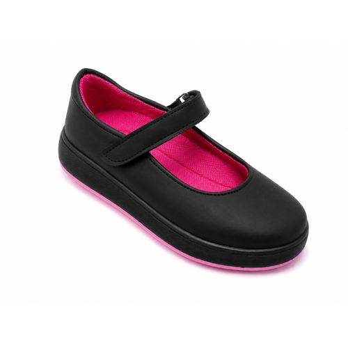 ' School Shoes, Black with Pink Interior, Hook and Loop Strap 301