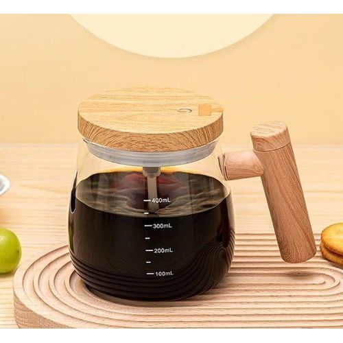 Smart Mixing Cup - Glass Cup with Self Stirring Function, Wooden Lid and Handle, Transparent Heat Resistant Design, 400ml Capacity, USB Rechargeable, Perfect for Coffee and Tea