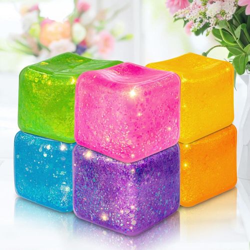 6Pack Glitter Square Nice Stress Cube - Stress Balls for Adults An*iety, Sparkly Fidget Ice Cube Squishy Fidget Toys for Kids, Stocking Stuffer for Girls&Boys(Purple/Pink/Blue/Green/Orange/Yellow)