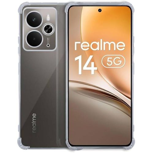 Transparent protective case for Realme 14 5G, soft silicone cover, shock-resistant, enhanced corner protection.