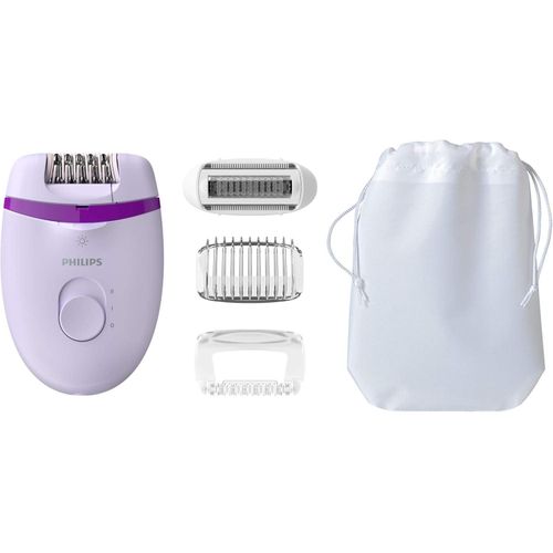 BRE275 Corded Epilator – With Cleaning Brush, Shaver, Shaver Comb, Massage Cap, and Pouch – White/Purple/Silver