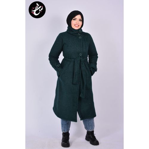 Share this product Women Long Mohair Coat with Belt & High Neck – Modest Warm Overcoat Dark Green