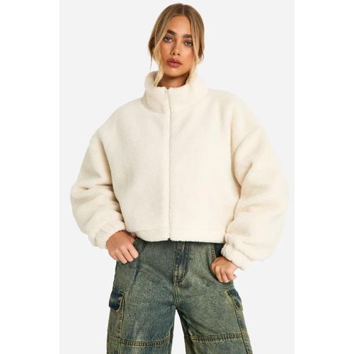 Women's Teddy Jacket, Cream White Faux Fur, Cropped Length, High Neck, Winter Casual Outerwear