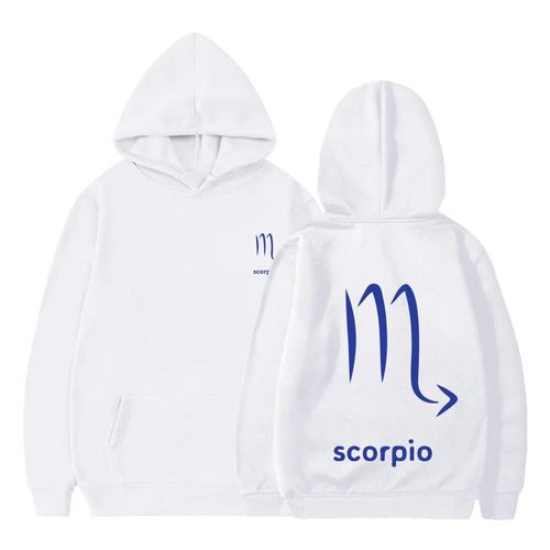 White cotton hoodie with scorpio zodiac blue Logo
