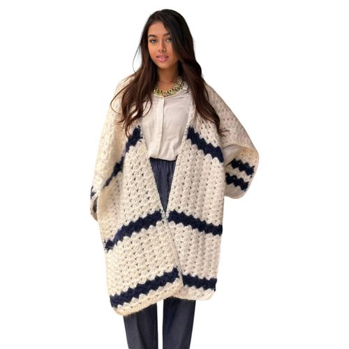 Handmade Cream Crochet Poncho with Navy Pattern