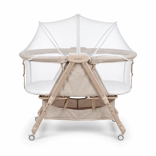 Nivorra NB-3F Foldable Baby Crib with Rocking Mode, 4 Adjustable Heights, Mattress, Full Mosquito Net and Storage Basket – Khaki