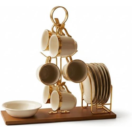 ,Coffee Mug Set with Stand, Gold and Brown, Ceramic Cups with Saucers and Holder, Tabletop Organizer