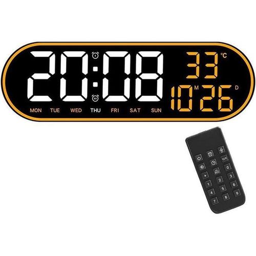 Large oval digital LED wall clock with remote control - smart alarm, ambient light, date display, day of the week, and temperature