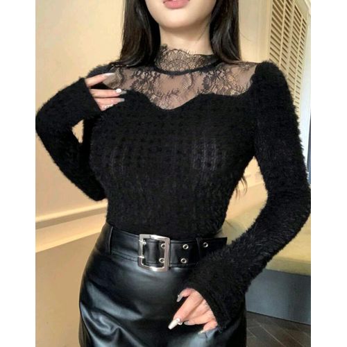 Women's Fuzzy Lace Patchwork Long Sleeve TOP BLOUSE Suitable For Autumn/Winter