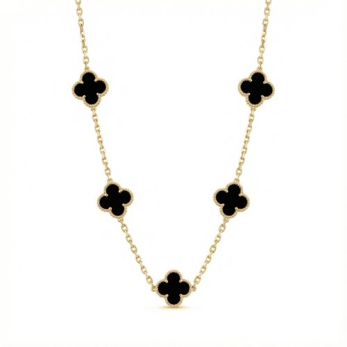 Elegant 18K Gold Plated Black Stone Flower Necklace for Women - Luxury Stainless Steel Accessory - Perfect for Gifts and Classic Looks