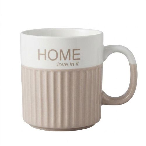 Classic Ceramic Mug with Comfortable Handle and Elegant Ribbed Design – Home Love in It Coffee and Tea Cup for Daily Use at Home or Office – Stylish White and Beige Two-Tone Design