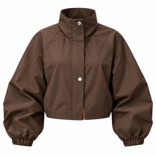 Women's Lightweight Cropped Jacket with High Neck, Balloon Sleeves & Elastic Cuffs – Casual Outerwear-BROWN