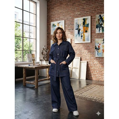 2-Piece Denim Set Belted Jacket Wide-Leg Pants - Casual Plain Style