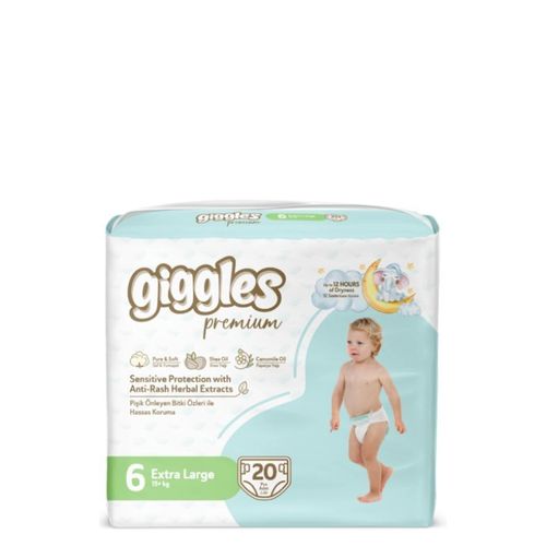 Geggles Premium Baby Diapers Size 6 Extra Large 15+kg Pack of 20 Diapers, Sensitive Skin Protection with Shea & Camomile Oil Extracts, Up to 12 Hours Dryness for Active Boys & Girls