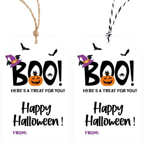 Halloween Tags with String - Happy Halloween Paper Gift Tags Boo Tag Pumpkin Bat Name Tag Labels for Goodie Bags Gift Wrapping Halloween Decorations (Black)