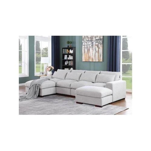Off White U-shaped Corner Sofa - Beech Wood - Velvet Fabric