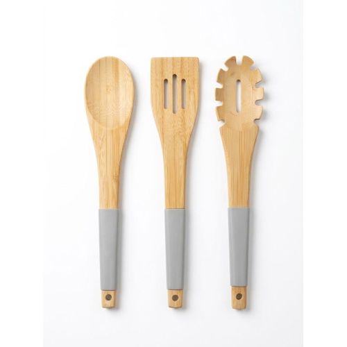 Wooden kitchen utensil set with silicone handles, 3 pieces, multi-colored