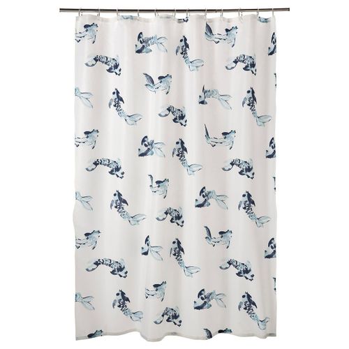 Shower curtain The VATTENSJÖN shower curtain is white with blue fish patterns, made from recycled polyester. Its rectangular with a rod pocket top for hanging.