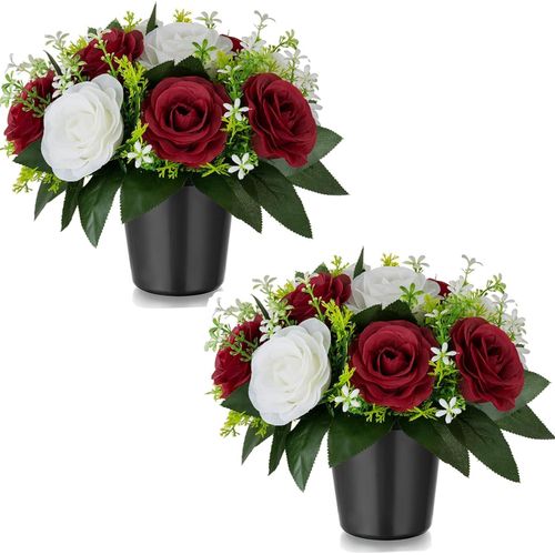 Artificial Grave Flowers Pots 2 Pcs Red Silk Cemetery Flower Funeral Outdoor Christmas Decoration - Memorial Floral Graveside Ornaments Fake Bouquet with Holders Burgundy Arrangements