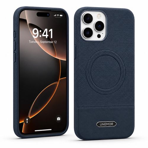 Premium faux leather back cover with a classic design, shock-resistant, compatible with iPhone 15 Pro Max (Navy Blue)