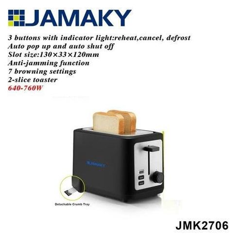 2 Slices Toaster/7 Browning Levels/Defrost+Reheating+Cancel/Auto Pop up/Anti Jam/760W-JMK2706