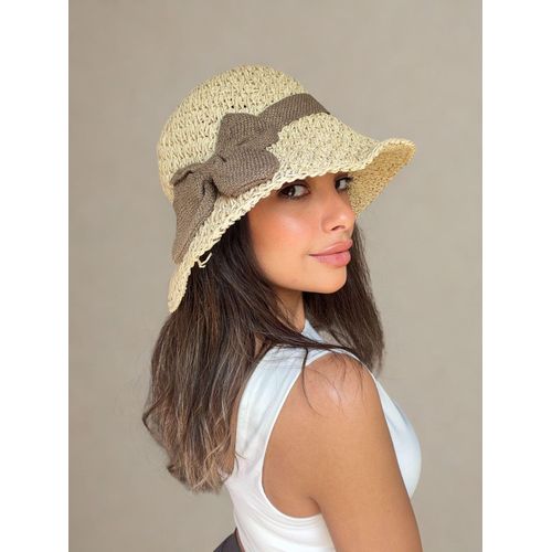 Womens Hand-Knitted Straw Bucket Hat with Brown Bow Accent