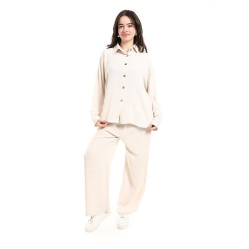 Jacquard-Linen Set Long-Sleeve Top & Trousers - Beige