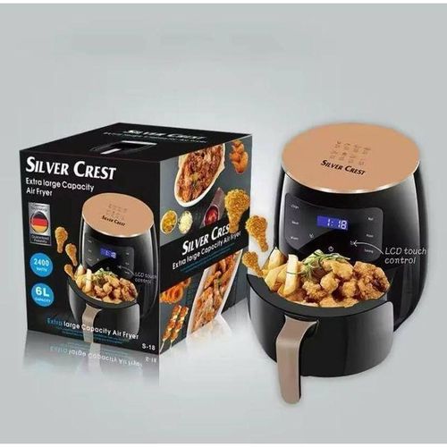 Silver Crest) 6L Digital Air Fryer 2400W Extra Large Capacity Oil-Free Health Cooker with LCD Touch Screen Smart Presets Non-Stick Pull-Out Frying Basket Roast Bake Grill Kitchen Appliance S-18 (Shape & Color May Vary)