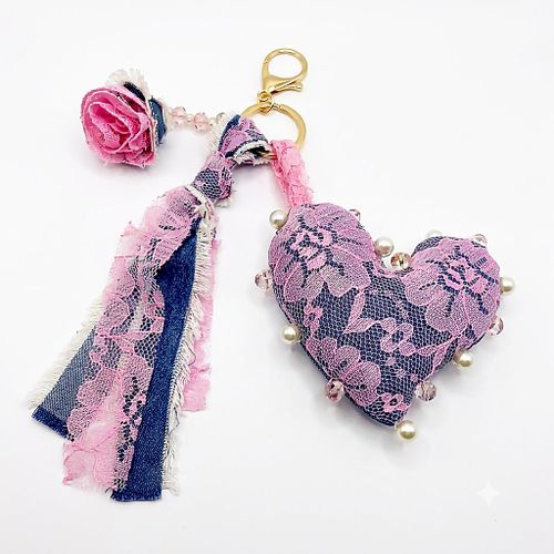 Handmade Jeans & Lace Heart Bag Accessory Keychain Pendant