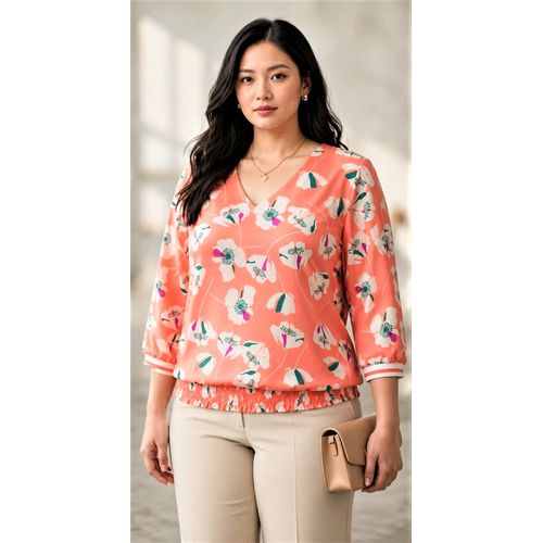 Women's Floral Coral Print V-Neck Blouse