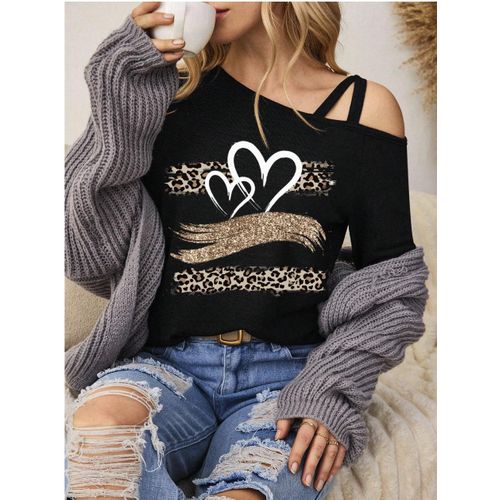 تي شيرت نسائي بنمط الفهد، كتف مائل بحزام متقاطع وأكمام مكفوفة، مريح بأكمام طويلة