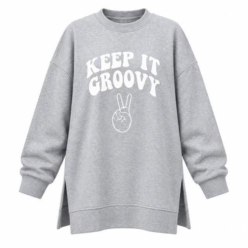 Women's Longline Printed Sweatshirt in Melton Fabric – Relaxed Fit, Grey, XXL
