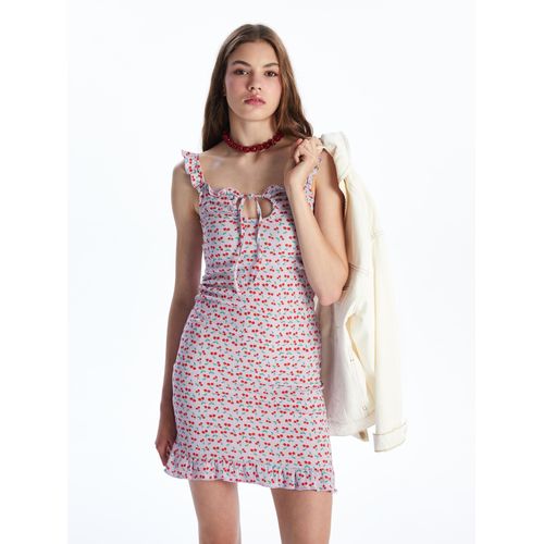 Tie Neck Cherry Patterned Frilled Mini Dress