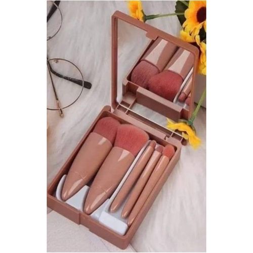 Portable 5-piece mini makeup brush set with mirror and case, soft fiber brushes for hair, powder, and eyeshadow, professional beauty tools - assorted colors