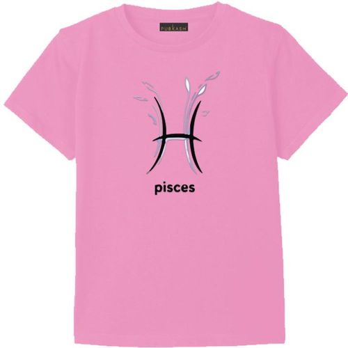 Pink cotton t-shirt Pisces Zodiac black with blue leaves