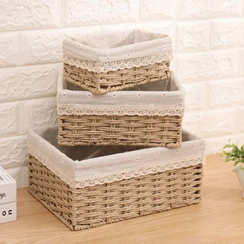 Set of 3 Beige Braided Storage Basket Bathroom Organizer Changing Table Nursery Small Wicker Baskets for Shelves