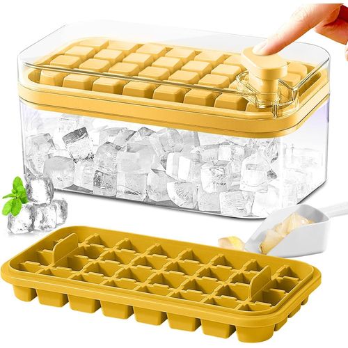 Ice Cube Tray with Lid and Bin, 2 Pack Ice Cube Trays for Freezer, 64 Pcs Ice Cube Mold (Yellow)