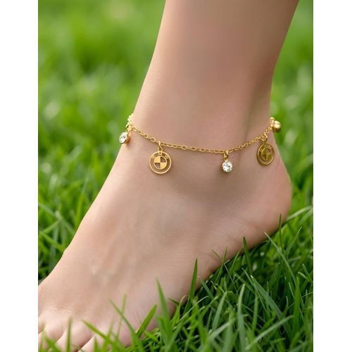 Gold Color Circle Charm Anklet with Zircon Stones Adjustable Chain