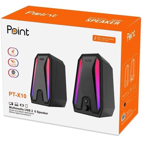 Point PT-X10 USB RGB Gaming Speaker – 2.0 Stereo, 6 W Output, USB Powered, AUX 3.5 mm Input – Compact Black Design with LED Lighting