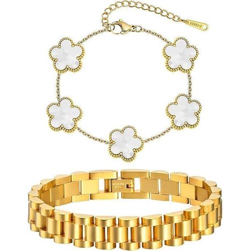 Set of gold bracelets with stackable flower design - two pieces of stainless steel bracelet that does not lose its shine, stainless steel friendship bracelet, watch bracelet,