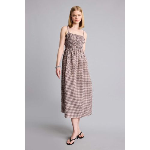 Square Collar Gingham Wowen Fabrics Maxi Dress