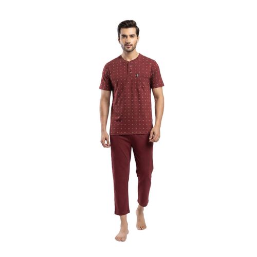 Men Summer Pyjama Set Striper Top & Plain Pantacurt Burgundy