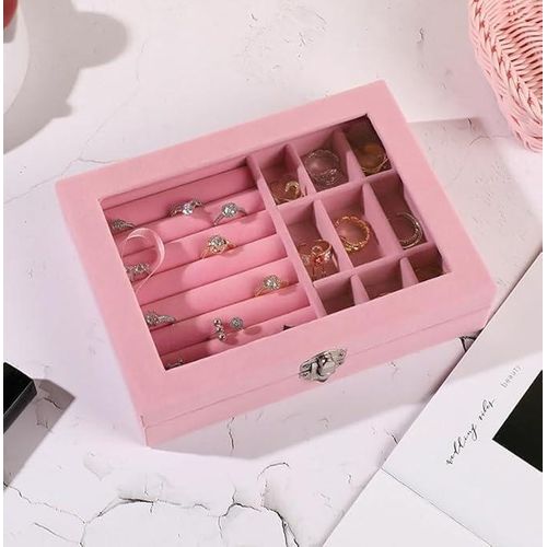 Women's Jewelry Box Ring and Earring Organizer/Display Case (9 compartments, 9 rows, Pink 20x15x5 cm). A stylish, multi-compartment box for organizing rings, bracelets, and necklaces.