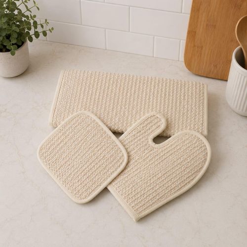 3-Piece Beige Kitchen Oven Mitt Set - Heat Resistant