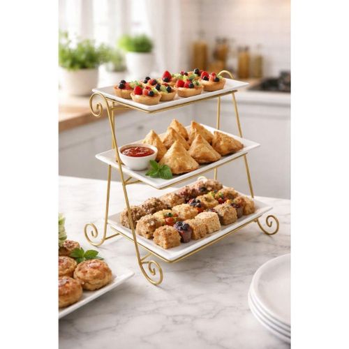 3-Tier Metal Frame Porcelain Serving Stand for Elegant Presentation